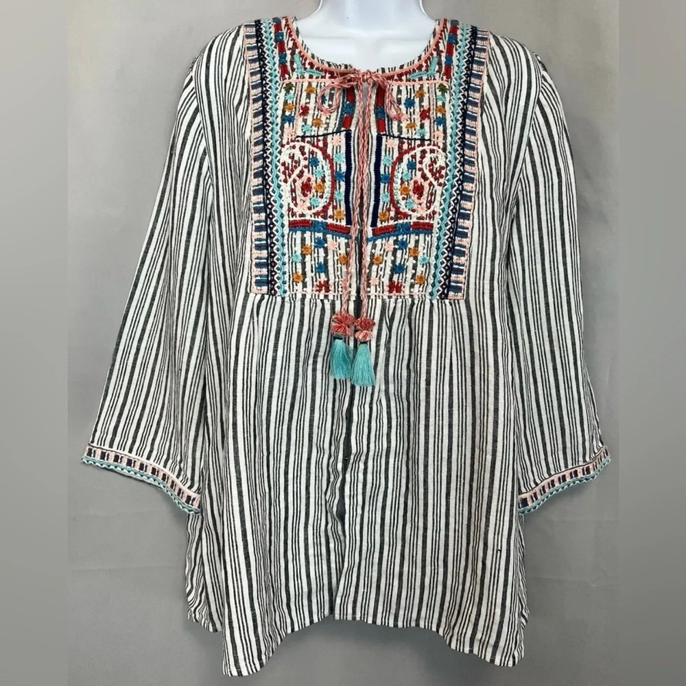 J. Jill Love Linen Striped Embroidered Boho Tunic Top with Tassels L - Picture 6 of 14